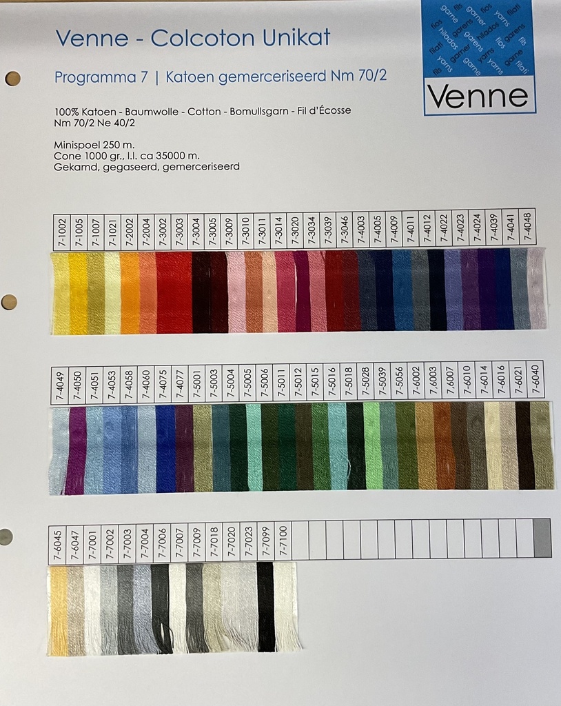 Venne Staalkaart Cotton Nm 70/2 programma 7