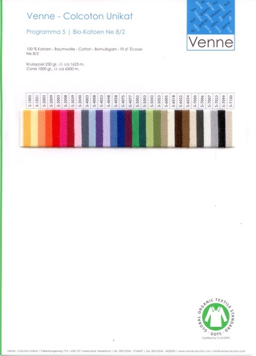 [V-5-142] Venne Staalkaart ORGANIC Cotton Ne 8/2 - Nm 14/2 programma 5