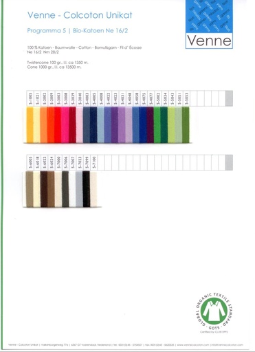 [V-5-282] Venne Staalkaart ORGANIC Cotton Ne 16/2 Nm 28/2 programma 5